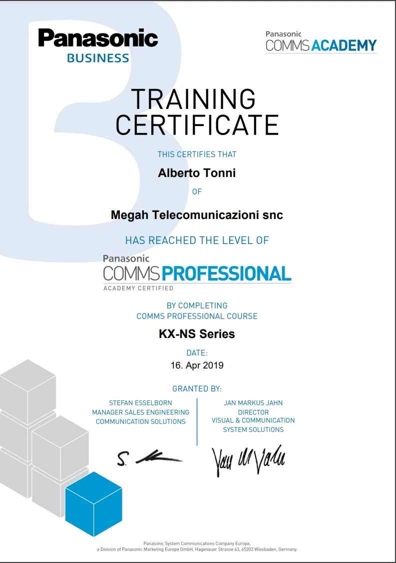 Certificato Panasonic Partner Academy